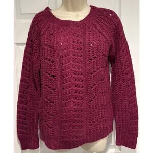 Ann Taylor Loft Women's Maroon Crew Neck Sweater Sz M lace knit warm cozy raglan